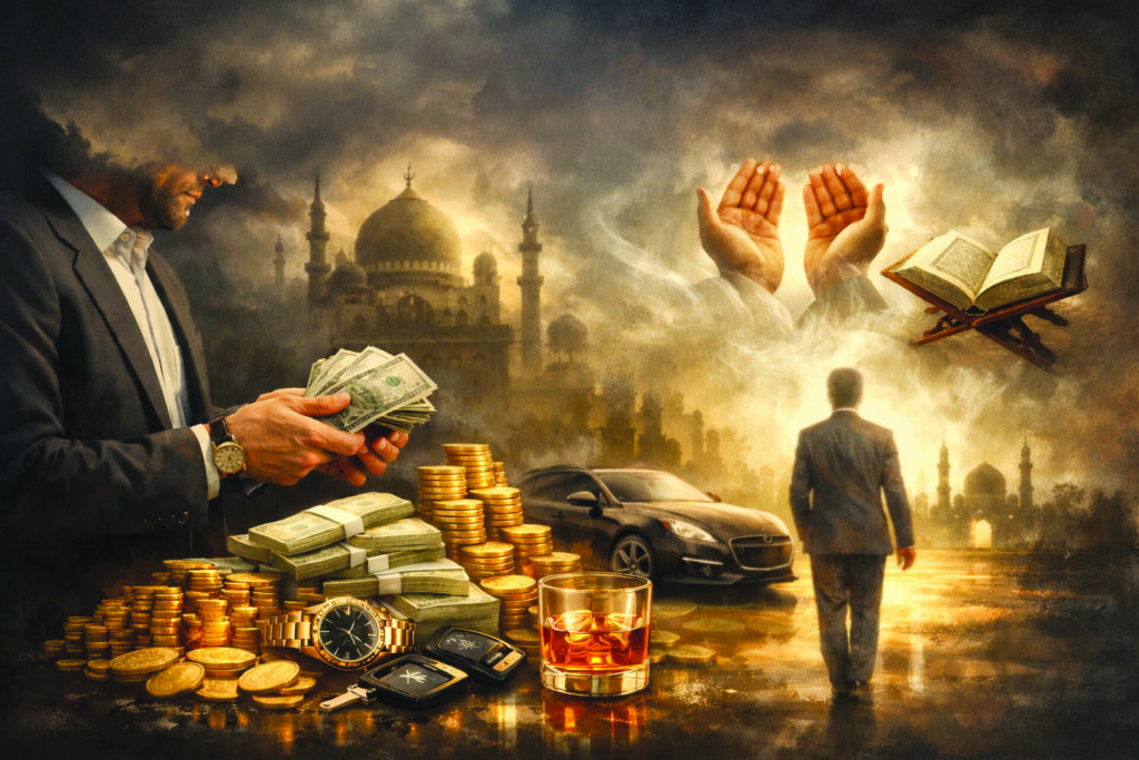 दौलत और रूहानियत के टकराव को दिखाता प्रतीकात्मक दृश्य