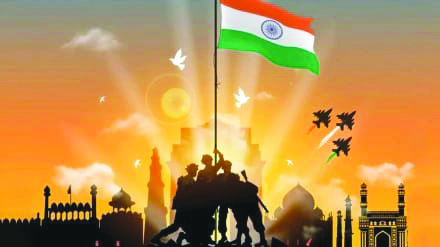 “77वें गणतंत्र दिवस पर संविधान, तिरंगा और नागरिक दायित्वों का प्रतीकात्मक दृश्य।”